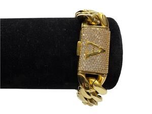 Heavy Gold Tone Cuban Link Chain Bracelet w/ Pave Diamond Initial 'A' Clasp 6"